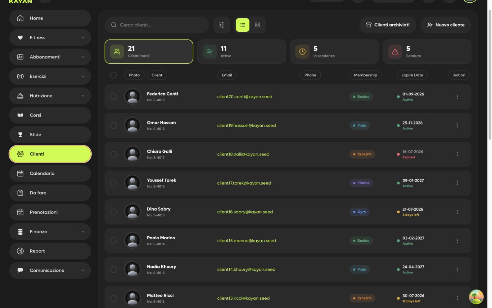 Kayan client management dashboard